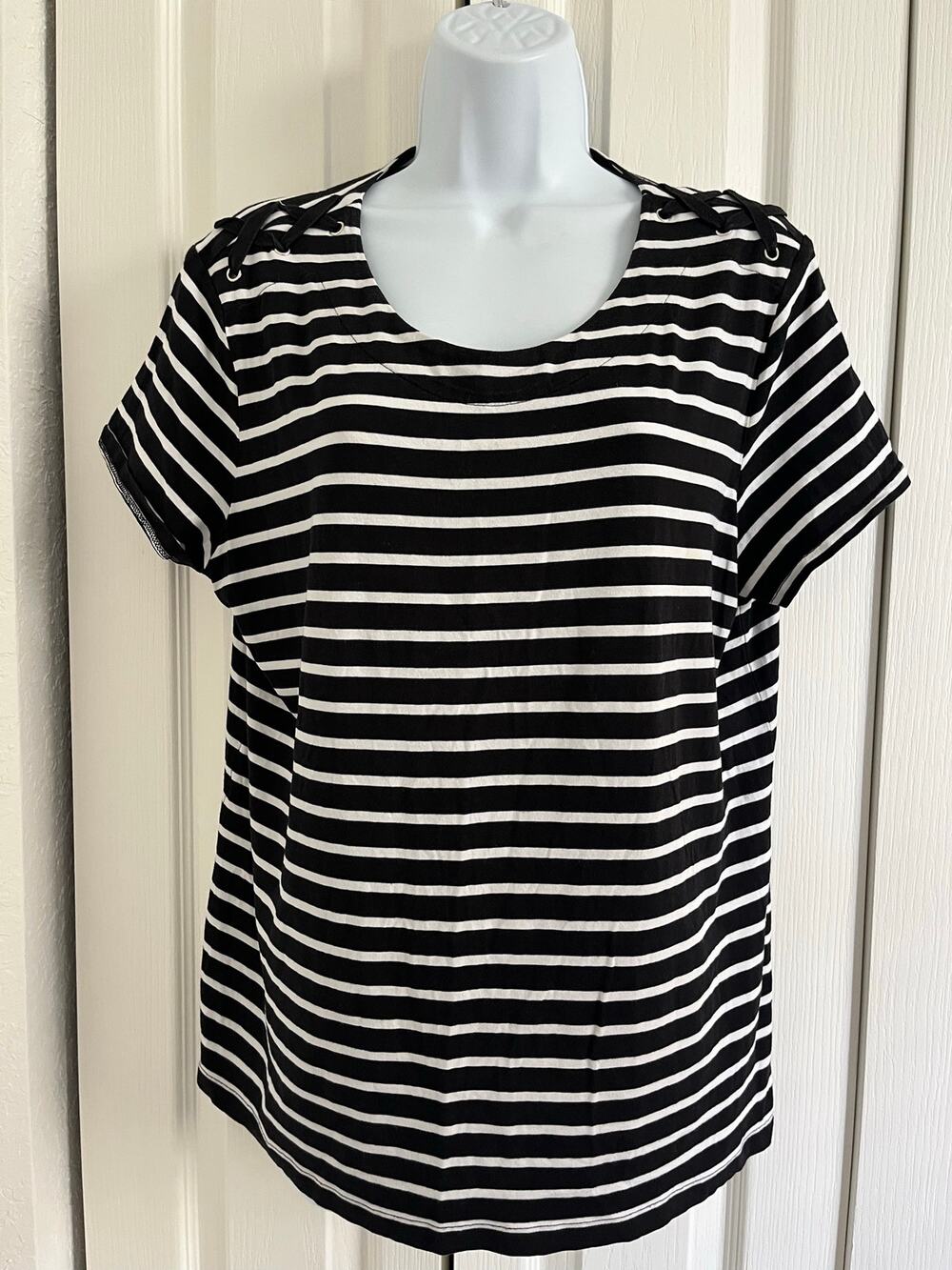 Weekends by Chico's Size 2 Black White Striped Lace-Up Shoulder Knit Top (US L)